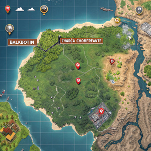 Interactive digital map of Fortnite Battle Royale. Displays detailed landmarks and locations, such as 'BalkBotin' and 'Charca Chobereante', with grid navigation system.
