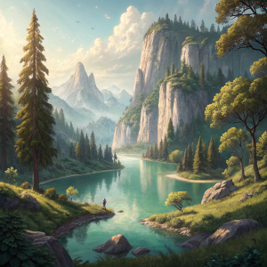 Imperia Online game screenshot featuring a serene landscape with lush forests, crystal clear lakes, and towering cliffs.