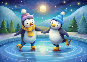 two penguins ice skating on a skating rink