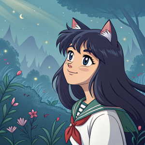 Digital art of Kagome Higurashi. Feline traits, long dark hair, cute smile, fantasy landscape background