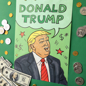 Cartoon drawing of Donald Trump on a green background, with money signs and cartoon bubbles.