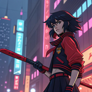 Ryuko Matoi, iconic character from 'Kill La Kill', wielding a vibrant red and black weapon. Posed against a neon cityscape.
