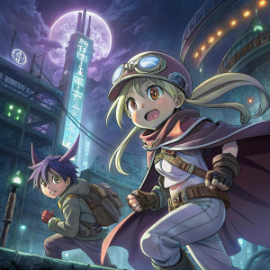 Promotional illustration for 'Made in Abyss Movie 2: Wandering Twilight'. Characters in various dynamic poses against a dark, futuristic background. Anime-inspired style with detailed expressions