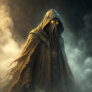 A terrifying image of Hastur, the eldritch horror, amidst swirling mists. He is cloaked in an ancient, tattered robe, eyes glowing in the dark