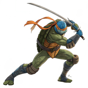 Leonardo from Teenage Mutant Ninja Turtles in action pose. Wears blue mask and orange bandanna. White studio backdrop