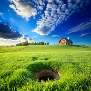 background blue sky green meadow a hole drilled in the grass in the distance house