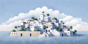 White illustration, Rene magritte style, isolated surrealistic collage of a lot of old African houses and trees on island, huge ocean and big sky, light pastel colors, asymmetrical composition, zoom out view, grainy texturing paper