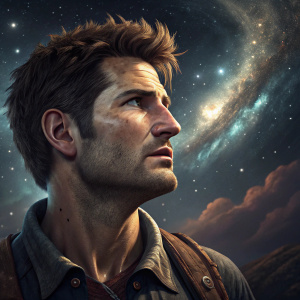 High-resolution render of Nathan Drake from Uncharted series. Focus on his rugged face. The background is a swirling galaxy