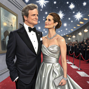 Colin Firth and Livia Firth at a glamorous Hollywood awards show. Colin Firth in a tuxedo, Livia Firth in a stunning silver gown.