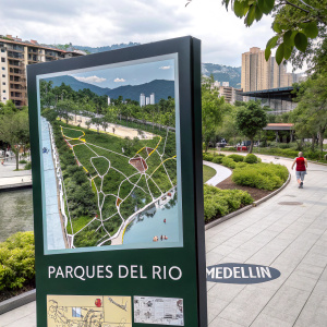 Interactive guide to Parques del Río in Medellín. Detailed map highlights walkways, trails, green spaces. High-resolution images showcase park's modern design and amenities. Descriptive text in Spanish provides insight into the park's layout and unique features.