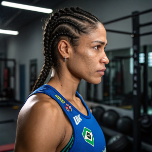 Viviane Araujo, Brazilian athlete, intense look, traditional cornrow braids, blue jersey with logos, professional gym setting, high-resolution image.