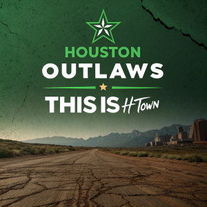 High-contrast digital poster for Houston Outlaws. Green and brown color palette. Rough texture background. Bold logo and text 'This is H-Town'