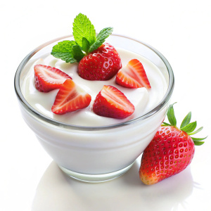Yogurt with strawberry in glass bowl on white background