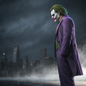 A CGI render of the Joker from Batman. Dark, grim background with city skyline