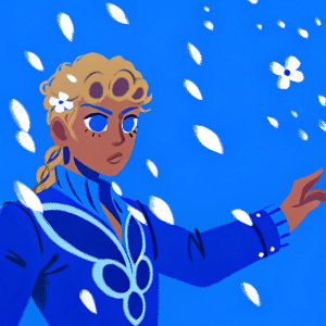 Digital art of Giorno Giovanna from JoJo's Bizarre Adventure. Vibrant illustration with Giorno in youthful pose, determined expression, blonde hair styled in braids and curls, soft complexion. Background features vivid blue with scattered white flower petals.