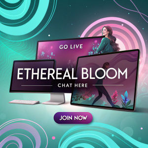 Modern graphic design for a Twitch streamer's overlay pack titled 'Ethereal Bloom'. Features vibrant screens with text such as 'GO LIVE', 'CHAT HERE', and 'JOIN NOW'. Design elements include swirling patterns in shades of turquoise, fuchsia, and lavender.