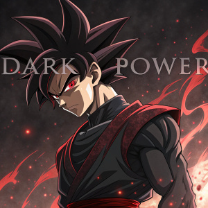 Black Goku from Dragon Ball Super, intense stare, dark background with fiery red accents. Text 'DARK POWER' on the image.