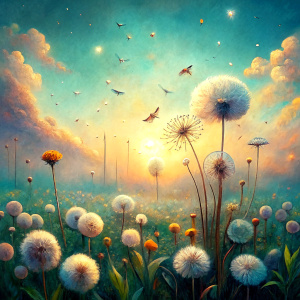 Vintage Old, Spring Meadow with small white Dandelion Flowers in Motion they fly to the wind with the Sunrise in the background. Photo Realistic