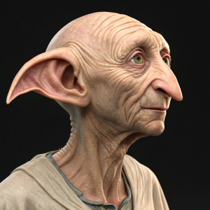 A detailed 3D model of a house elf, inspired by Kreacher from Harry Potter. The character has a wrinkled, aged face with soft peach-like skin tone, set against a solid black background. The model is in a neutral pose, showcasing intricate facial features.