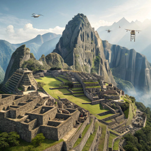 Modern reconstruction of Machu Picchu, an ancient Incan city, amidst futuristic urban landscape.