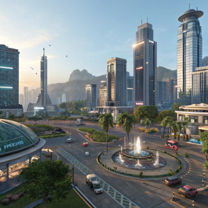A vibrant 3D rendered cityscape from Anno 2205 - Frontiers DLC. High-rise buildings and futuristic structures gleam under a blend of artificial and natural light. Bustling streets filled with fountains and vehicles connect the well-designed city blocks.
