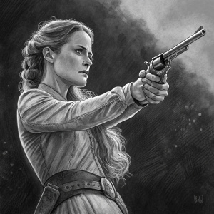 A detailed pencil drawing of Dolores from Westworld. She holds a revolver. Dark shaded, contrasted background.