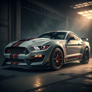 A close-up of the Ford Mustang Shelby GT350R. Dark and moody studio setting, sharp focus on the car's exterior