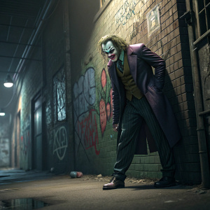 A 3D render of the Joker character from Batman. The character stands in a dark alley with graffiti-covered walls.