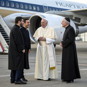 Pope Francis, Alexis Tsipras, and two archbishops in black robes stand beside a parked airplane on a tarmac. They converse animatedly.