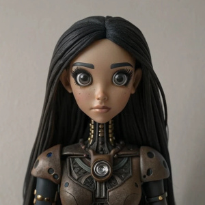 Robot hermosa de cabello negro largo ojos color café oscuro y maquillaje exótico androide