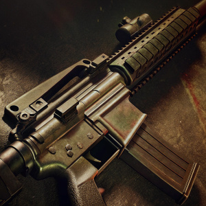 Advanced 3D model of the futuristic assault rifle, HK416. Black and green color scheme. Detailed rendering of the weapon's complex parts. Dark, sleek background.