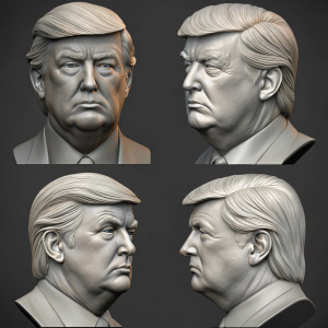 3D renderings of Donald Trump's face in various stages. Gray tones, realistic, consistent likeness.