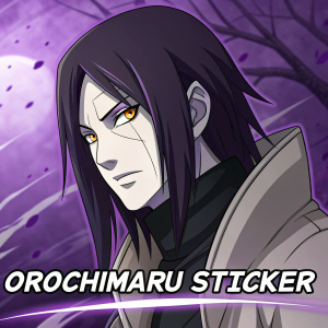 Digital art featuring Orochimaru from Naruto. Anime style. Pale skin, dark hair, intense gaze. Abstract purple background. 'OROCHIMARU STICKER' text overlay below character