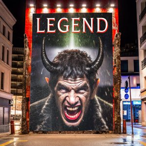 Movie poster for 'Legend'. Angry-looking monster with menacing horns, set against a dark, blood-red backdrop.