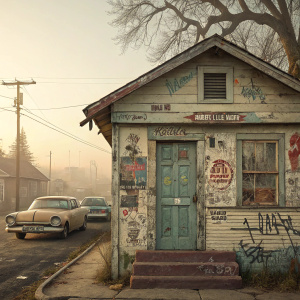 Eminem's album cover for 'The Marshall Mathers LP 2'. An old, graffitied house with a weathered door, set against a vintage, aged backdrop.