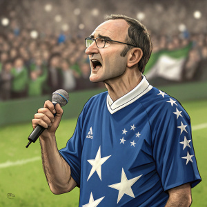 Martin O'Neill, mid-50s, in blue team jersey with white stars. Speaking passionately to crowd. The audience is a blur, green field