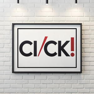 Modern logo featuring 'CI!CK' in bold sans-serif font against white backdrop. The design is minimalistic with a black border.