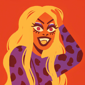 Digital illustration of Rico Nasty. Cartoon character with long blonde hair, heavy makeup, and a mischievous smile. Wearing a leopard print outfit against a solid black background.