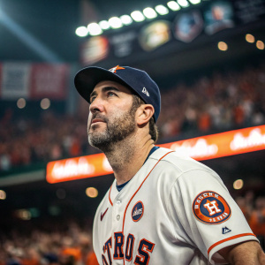 Justin Verlander, wearing a Houston Astros jersey, focused gaze. The background showcases a lively baseball stadium crowd.