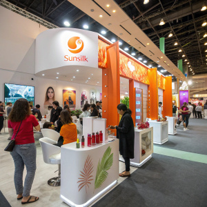 Sunsilk hair care booth at a bustling expo. Diverse crowd of people, vibrant orange branding, sleek white setup.