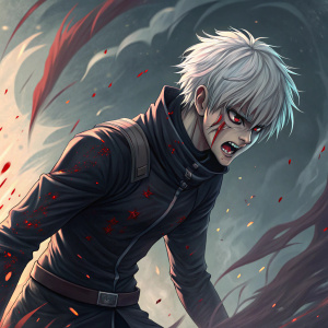 Digital illustration of Kaneki from Tokyo Ghoul. Intense pose, fierce expression, chaotic abstract background, blood splatters, dramatic and intense style