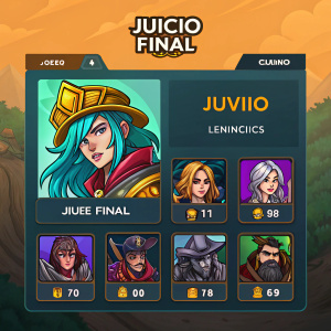 A digital screenshot showcasing the vibrant, cartoon-style art of the Juicio Final from League of Legends. Grid layout featuring multiple character icons and text labels. 