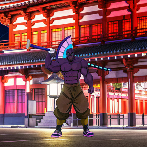 Onaga Rei, an anime character with dark skin, flexing his purple muscles. Dressed in brown pants and athletic sneakers. Stands in a dynamic pose with a large ornate weapon. Vibrant red background