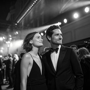 Emma Corrin and Ben Aldridge attending the 'Pennyworth' premiere. Black and white photography. Crowded venue with spotlights