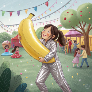 Young Asian girl, holding a giant inflatable yellow banana, wearing a shiny silver outfit. Party at playground.