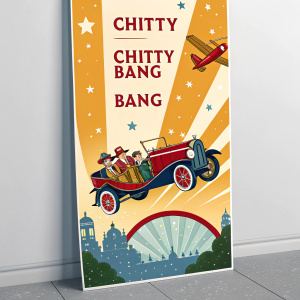 Promotional flyer for 'Chitty Chitty Bang Bang' musical. Vibrant colors with flying car and joyful characters. Details about show and ticket info. Stylized and festive.