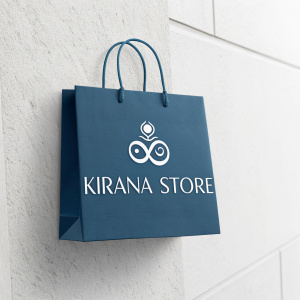 Logo design for Kirana Store, featuring a blue shopping bag and OM symbol. Modern and minimalist style.