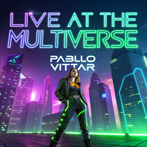 Cyberpunk inspired poster featuring Pabllo Vittar. Neon lights in vibrant hues of green, blue, and purple spell out 'LIVE AT THE MULTIVERSE'. Futuristic cityscape with glowing skyscrapers and holograms.
