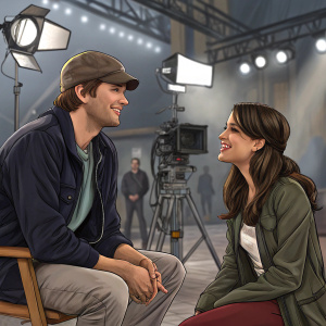 Ashton Kutcher and Lea Michele engaged in a conversation during film set production. Lighting equipment and camera crew visible in background.