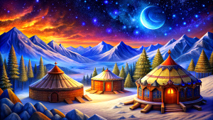 winter Buryatia nature yurts Buddhist palace datsan cosmic sky and Crescent Moon